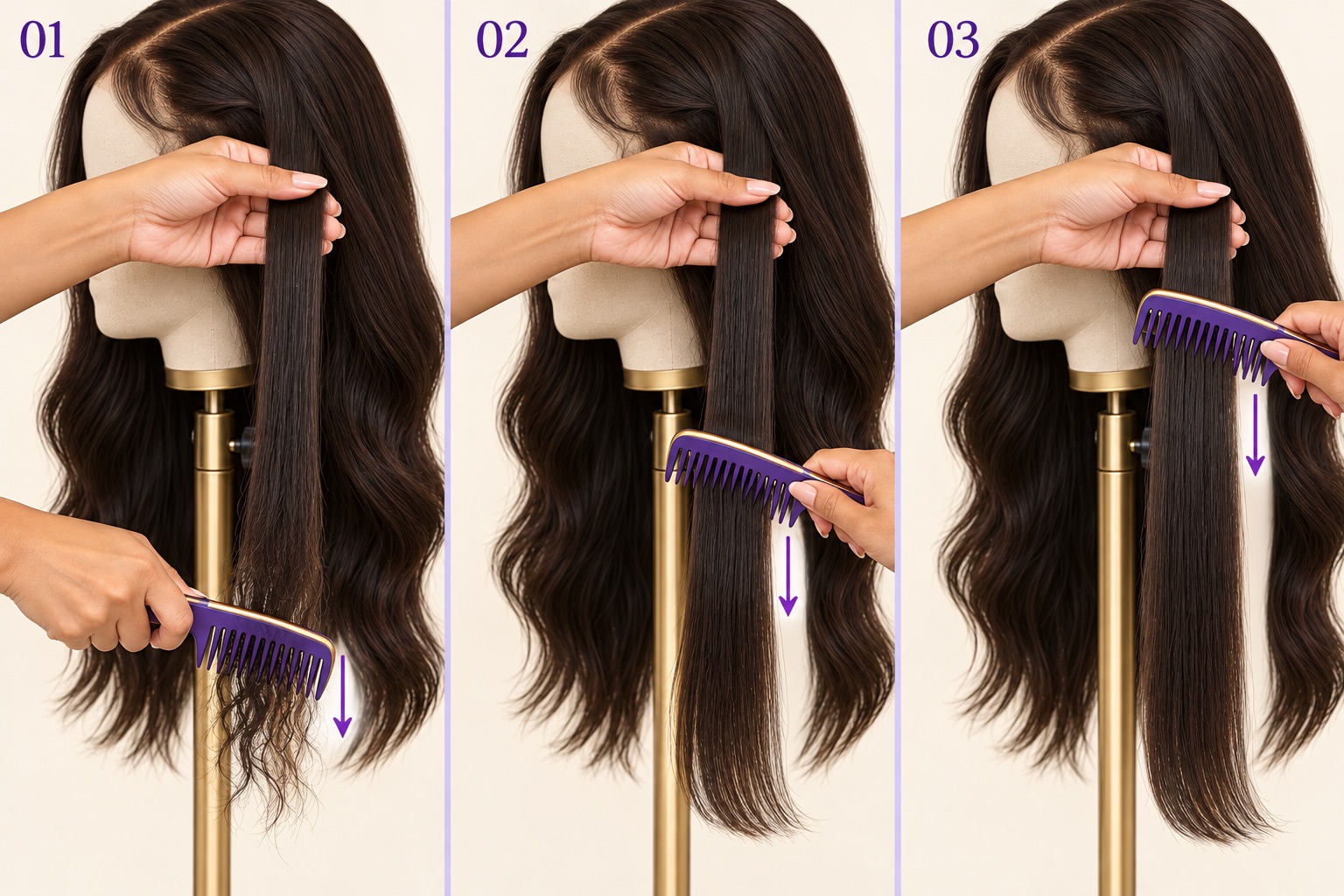 AI-generated illustration of gently detangling a section taken from the side of a wig cap in three stages: clear the tips, then the middle, then higher lengths, with every comb stroke directed down toward the ends.