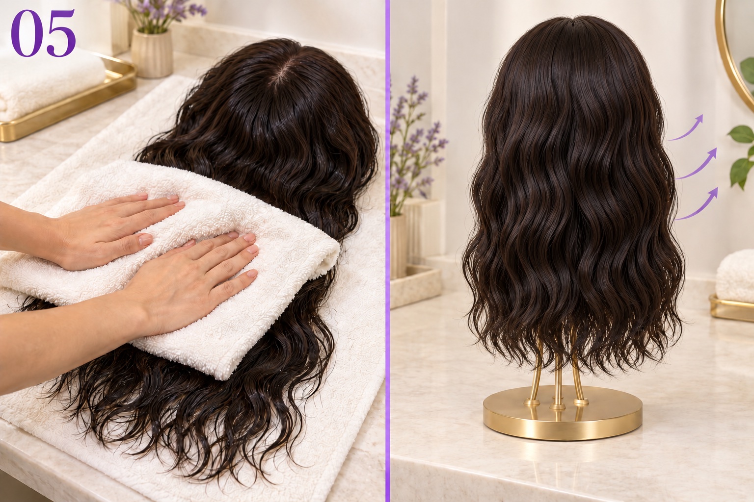 Two-panel illustration showing gentle towel blotting followed by a wig drying on an open stand seen directly from the back, with smooth, full waves and the hair ends hanging above the surface.