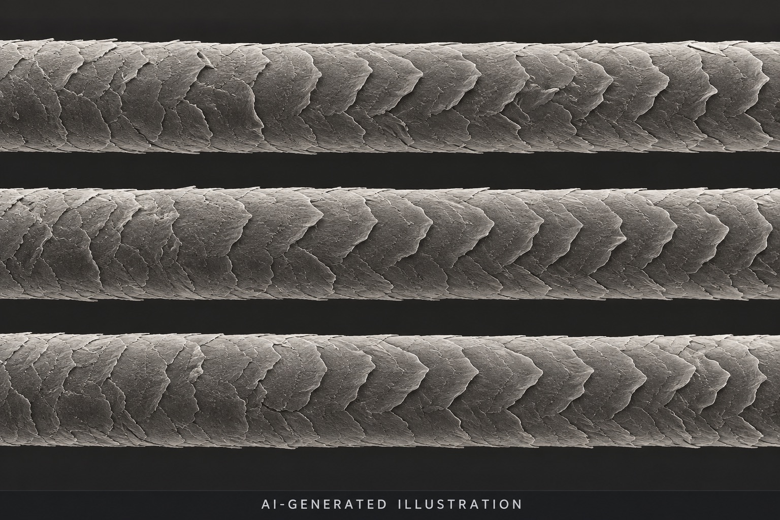 AI-generated microscopy-style illustration: three hair shafts with consistent cuticle orientation.