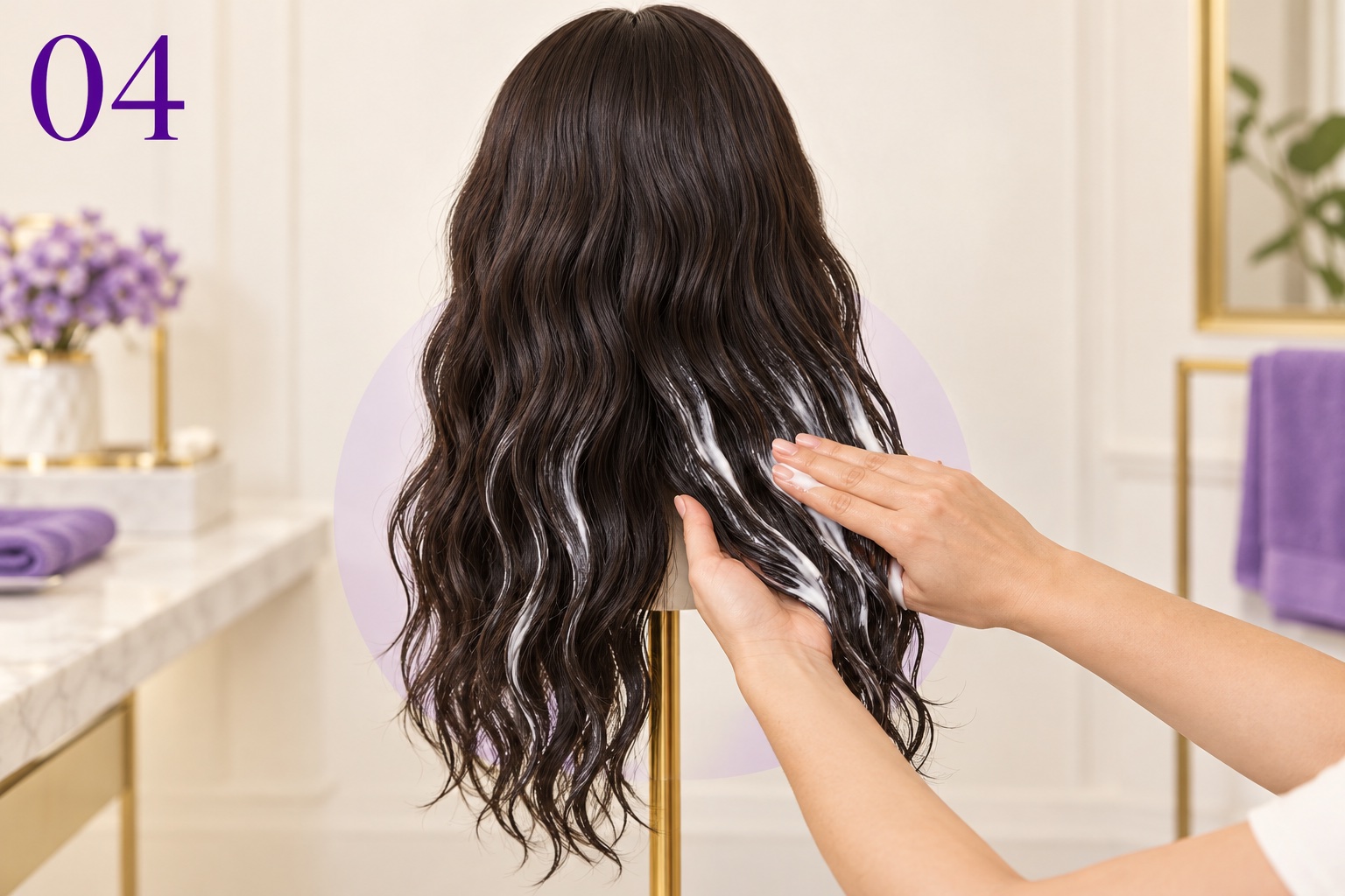 Rear view of a wig on a mannequin stand, with conditioner applied only to the mid-lengths and ends while the upper hair stays clear.