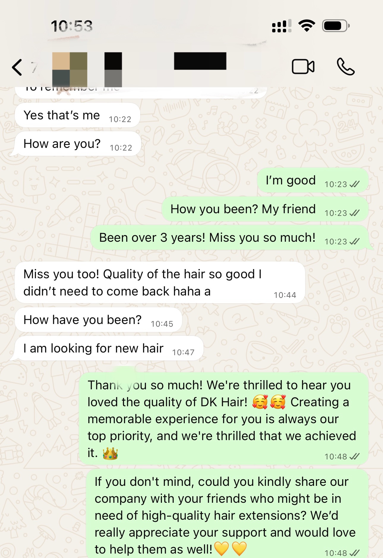 Customer chat screenshot supplied by DK HAIR: a returning Virgin Hair customer praises the hair quality after DK HAIR notes that it has been over three years.