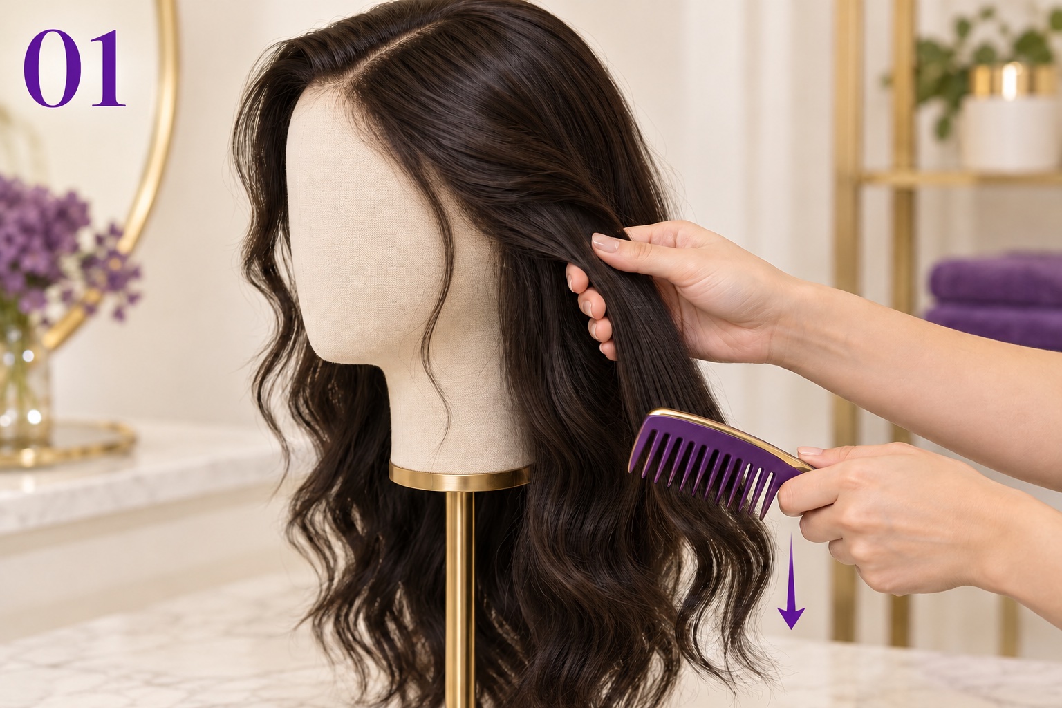 Illustration of a side section of a wig supported above the tangle while a wide-tooth comb gently works downward near the ends.