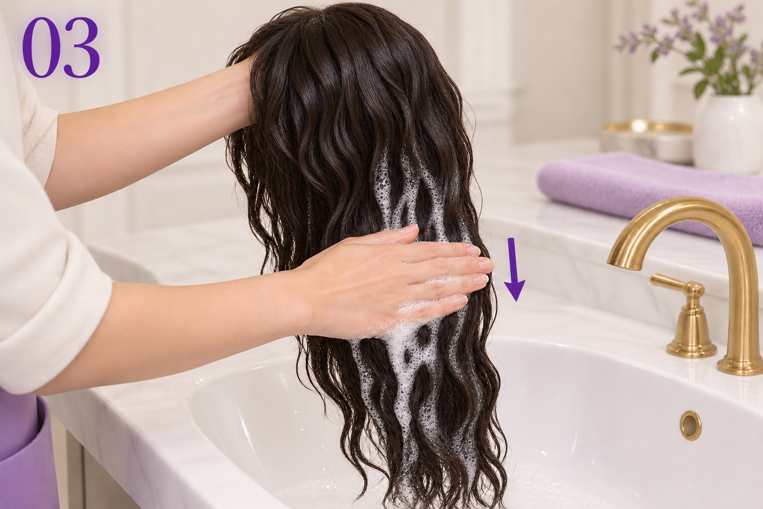 Illustration of shampoo lather being smoothed down sleek, naturally glossy wet wig lengths, with the supporting hand inside the cap concealed behind the hair-covered crown.