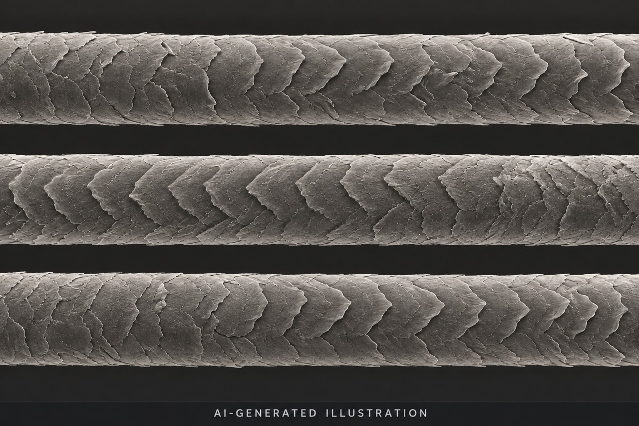 AI-generated microscopy-style illustration: the middle of three hair shafts has the opposite cuticle orientation.
