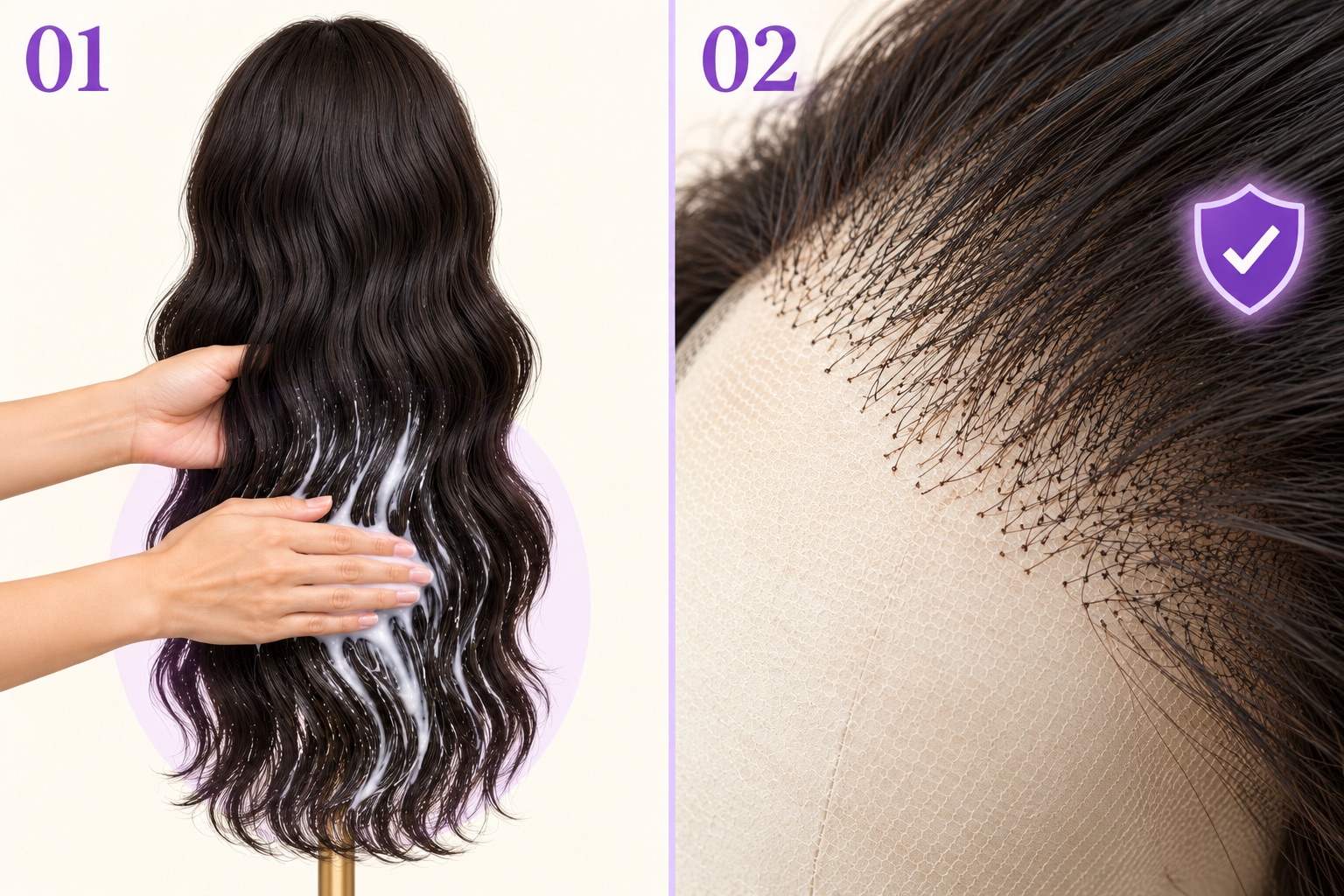 AI-generated care illustration: rear view of a wig on a mannequin stand with conditioner applied to the mid-lengths and ends, beside a close-up of fine lace and small hair knots kept free of conditioner.